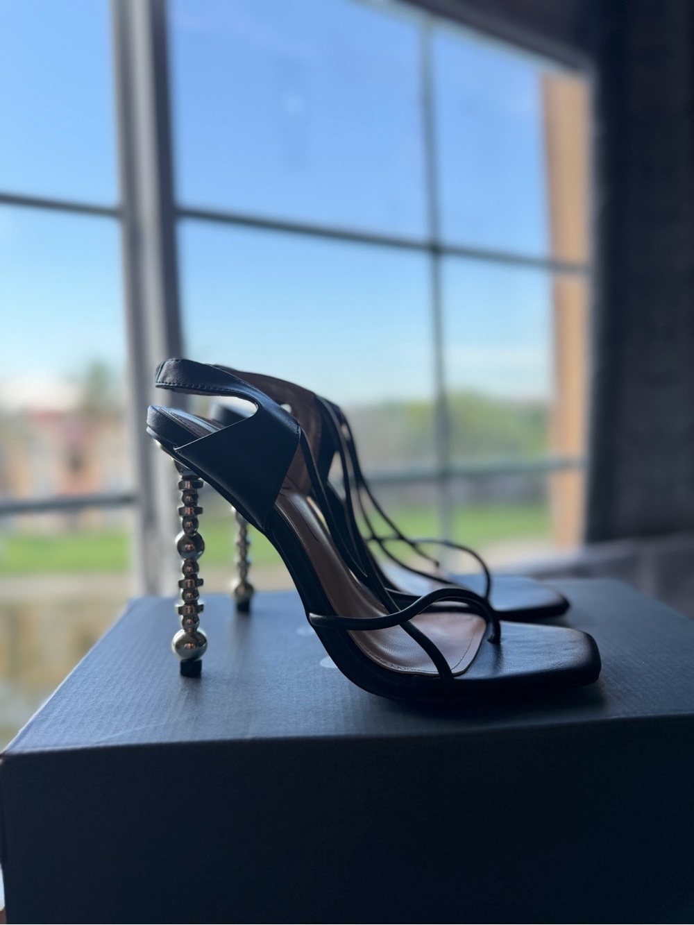 So Me Black Strappy Heels with Beaded Gold Stiletto
